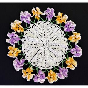 Vintage Handmade Pansy Crochet Doily 11" Purple Yellow Floral 3D Flower Lace Mat